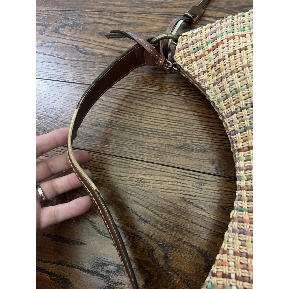 Fossil Straw Woven Hobo Bag Multicolor Leather Trim Summer Boho Purse